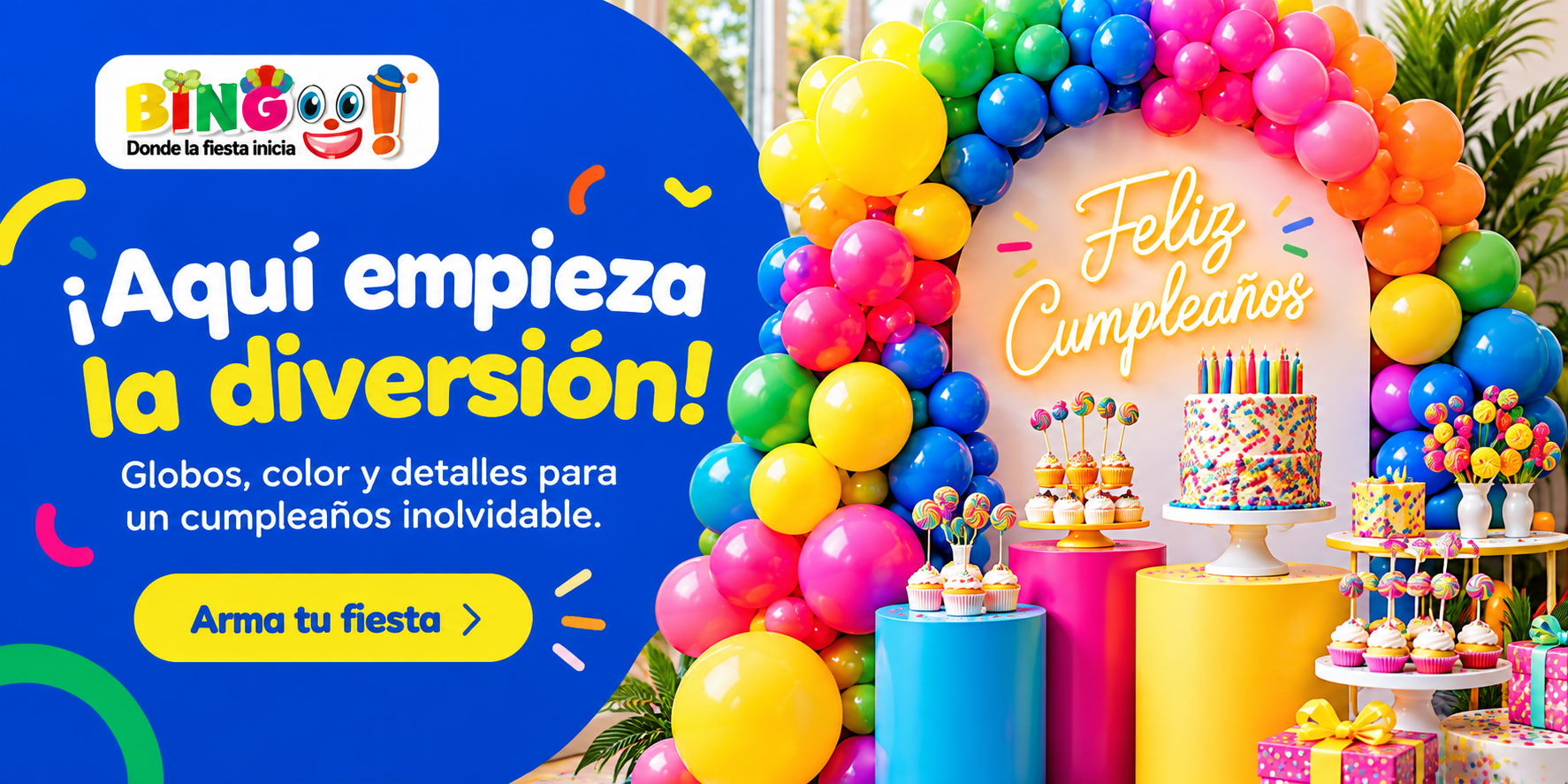 Ver el catálogo de globos y decoración Arco de globos de colores con pastel y regalos. ¡Aquí empieza la diversión! Globos, color y detalles para un cumpleaños inolvidable.