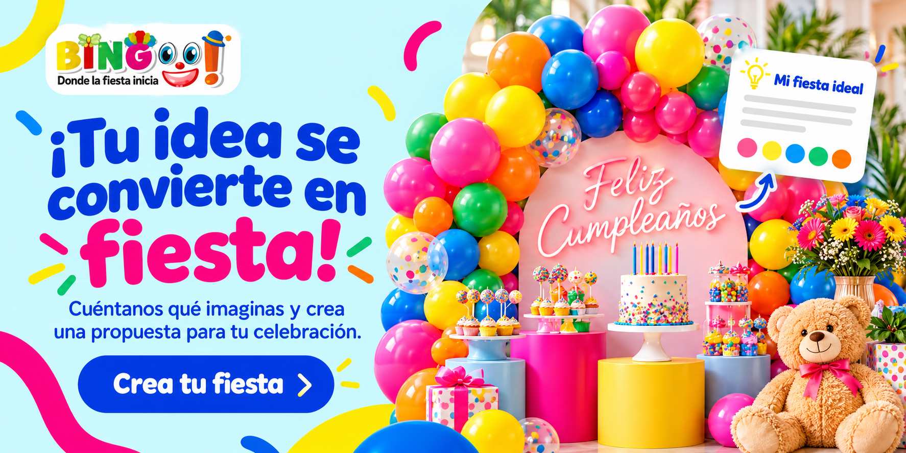 Crear mi fiesta a la medida Mesa de dulces con arco de globos y letrero de Feliz Cumpleaños. ¡Tu idea se convierte en fiesta!